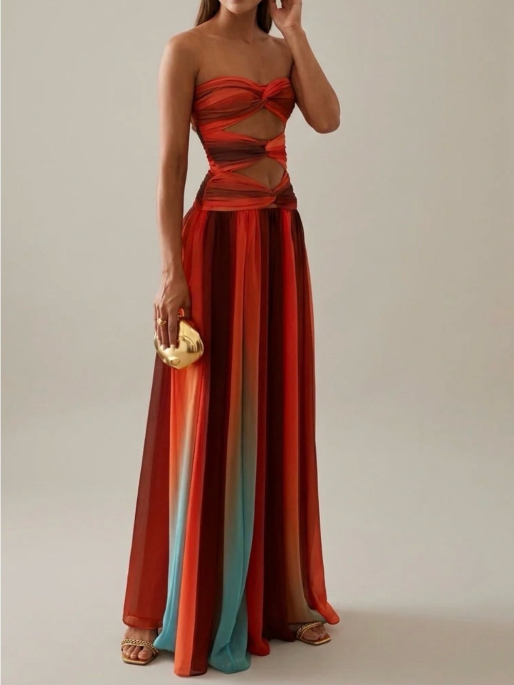 Strapless Red Orange Gradient Cutout Maxi Dress